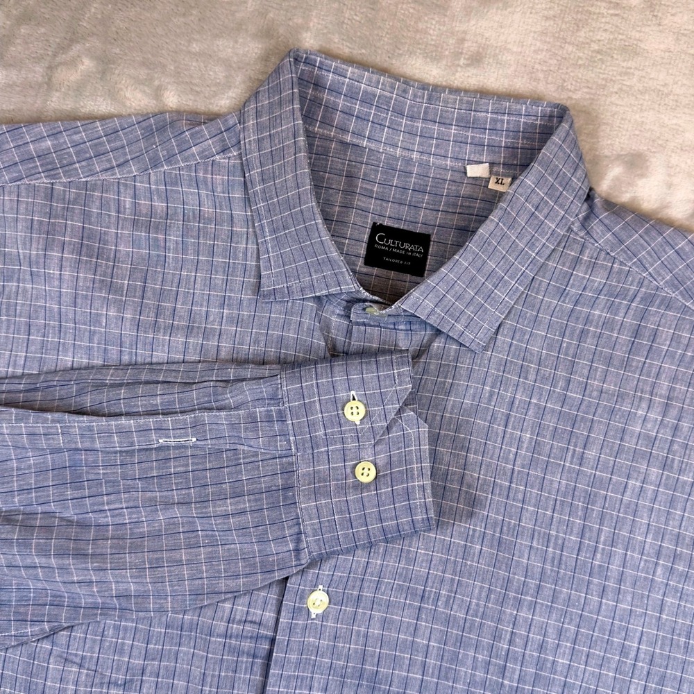 Culturata Button Down‎ Shirt Mens XL Blue Windowpane Tailored Fit Made in Italy